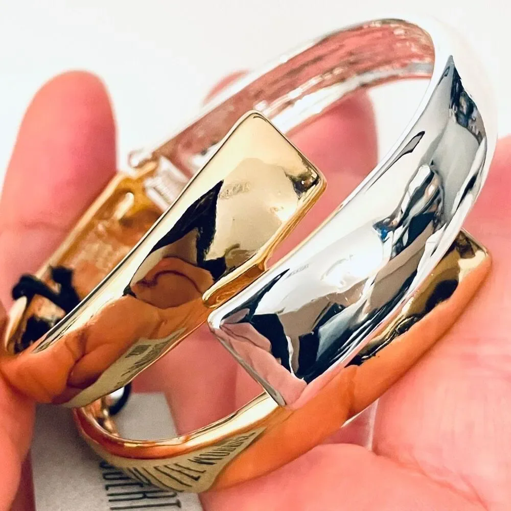 NWT Robert Lee Morris 2 Tone Gold/ Silver Criss Cross Cuff Hinge Bangle Bracelet